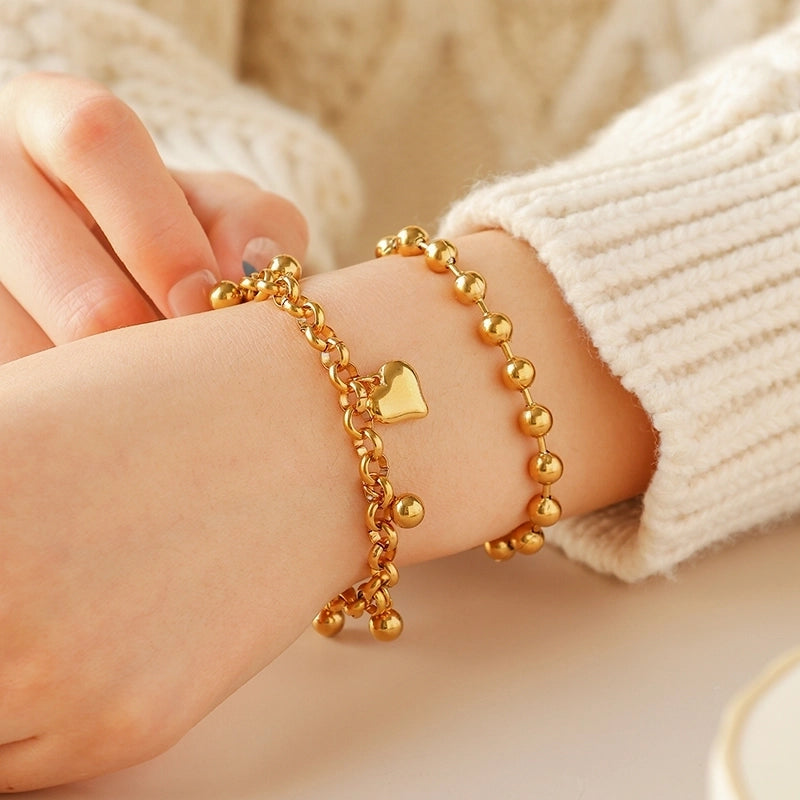 Casual Modern Style Minimalist Heart Shape 304 Stainless Steel 14K Gold Plated O-shaped Chain Multi Charms Bracelet Bracelets In Bulk