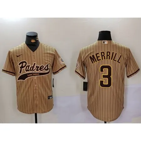 Men's San Diego Padres #3 Jackson Merrill Tan Cool Base Stitched Baseball Jersey 4LT2