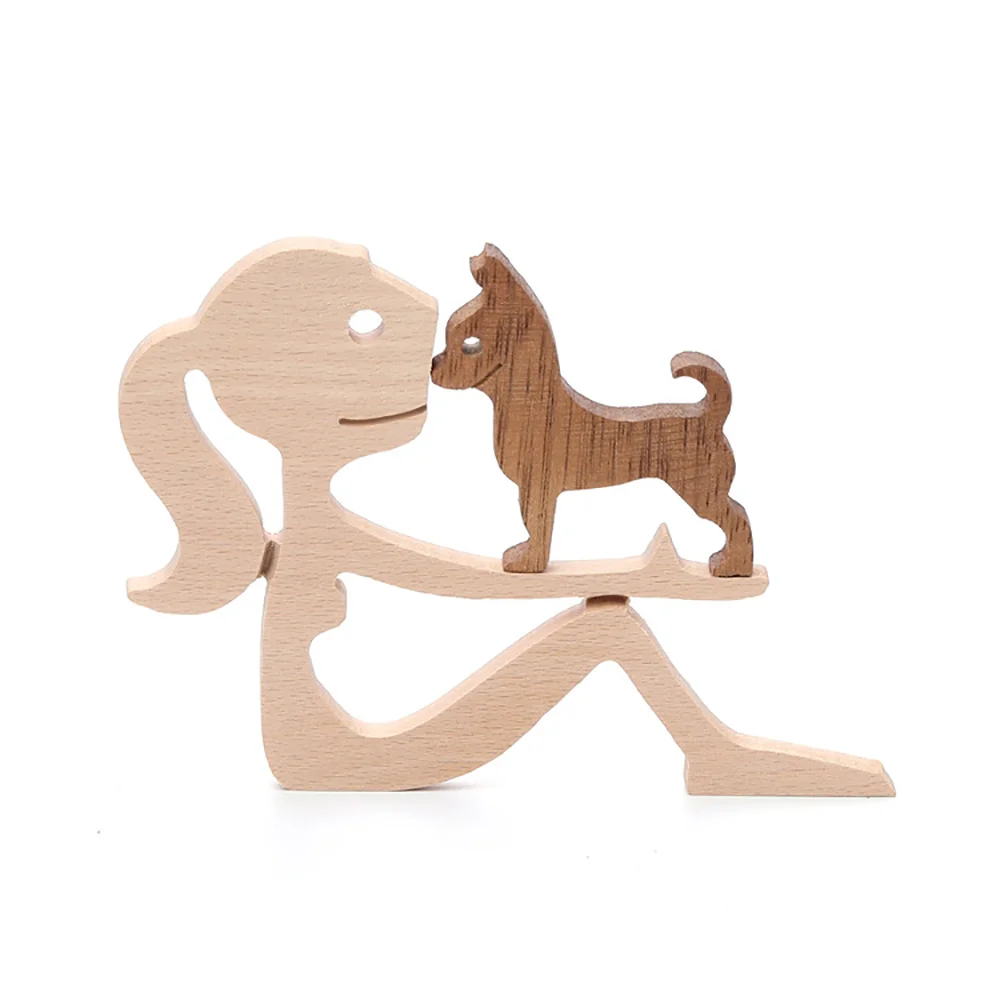 Purexcellent&trade; New girl and puppy style home desktop wood carving commemorative ornaments