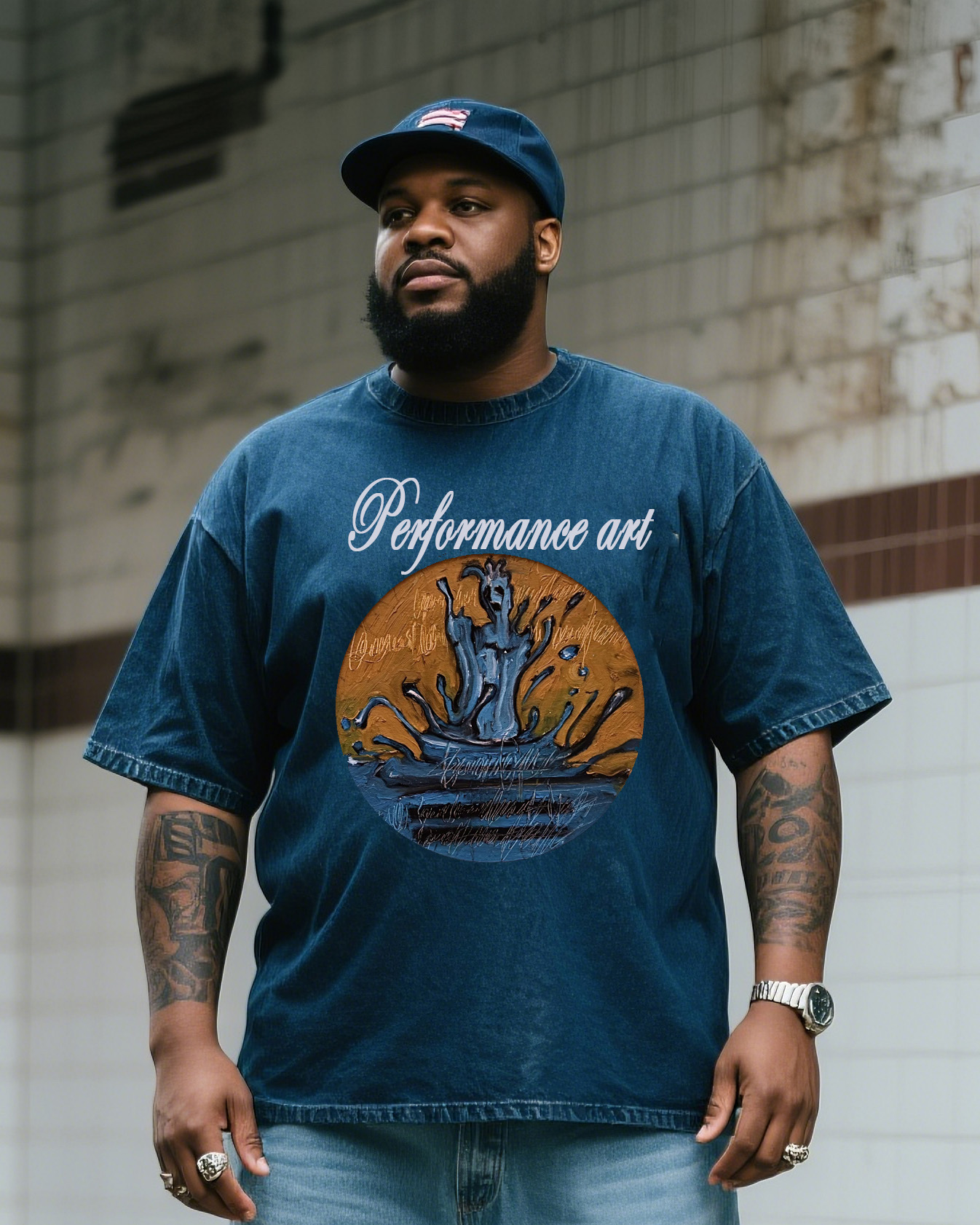 Plus Size Men's Fashion Street Personalized Printed Denim Short Sleeve T-shirt