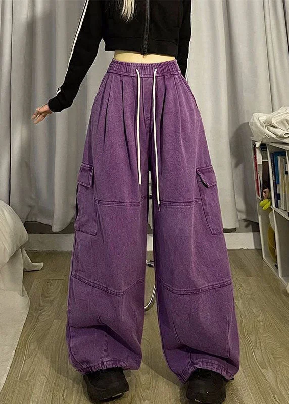 Stylish Cozy Purple Pockets Patchwork Cotton Wide Leg Pants Spring
