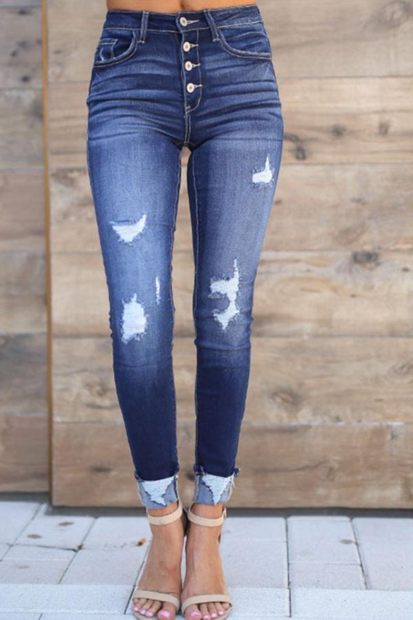 Womens Buttonhole Ripped Skinny Fit Jeans-Allyzone-Allyzone