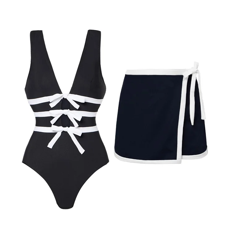 Bowknot Decor Black One Piece Swimsuit and Skirt