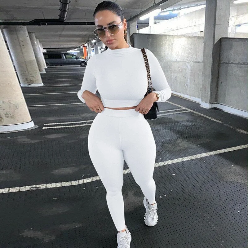 Women 2 Piece Set Solid Color Fall Autumn Fall Suit Sets Long Sleeve T-shirt Crop Tops High Waist Leggings Gym Workout Tracksuit