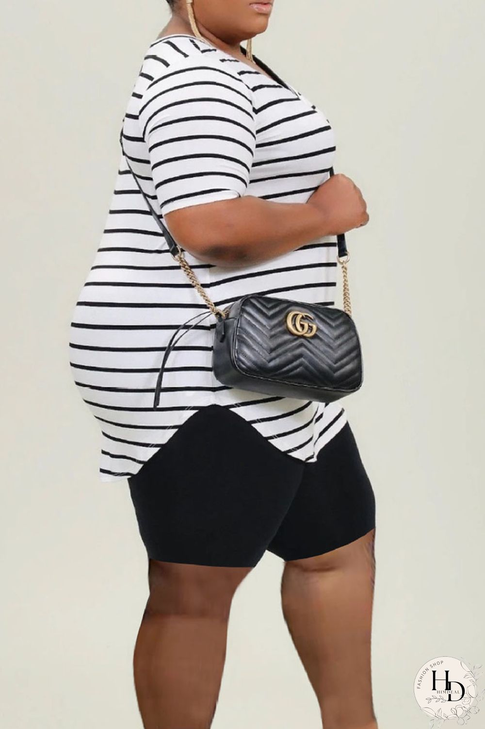 White Casual Striped Print Split Joint V Neck Plus Size Two Pieces