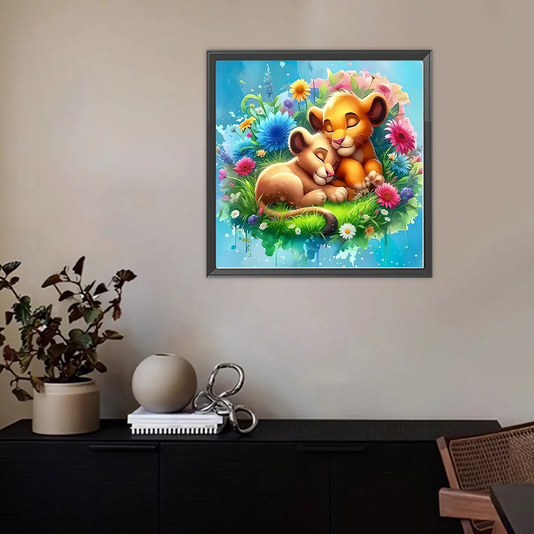 Cartoon Lions Full DIY 5D Round Drill Diamond Paintings Picture Arts Craft for Adults/Beginners Gift Idea Home Wall Decor Diamond Crystal Rhinestones Painting Kits 11.7x11.7In