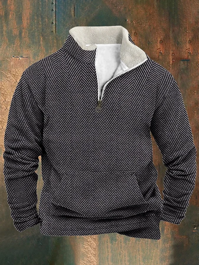 Men's Western Retro Herringbone Print Design Stand Collar Zipper Sweatshirt