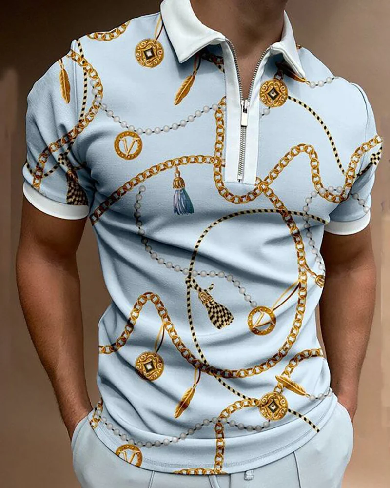 Men's Casual Chain Print Short Sleeve Polo Shirt