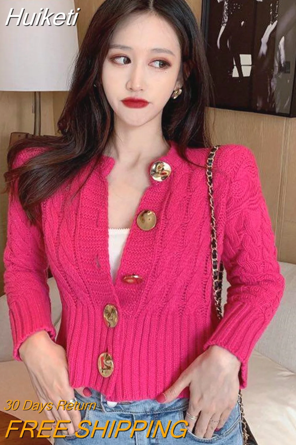 Huiketi Single Breasted Long Sleeve Twisted Cardigan Female Solid Color Sweet Knitted Sweater Women Arrival 4 Colors Soft Sweate