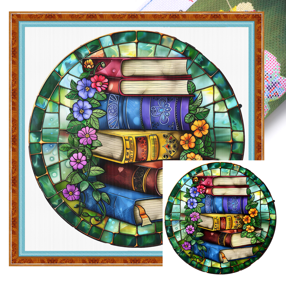 Glass Painting Of Books And Flowers Full 14CT Pre-stamped Canvas(50*50cm) Cross Stitch