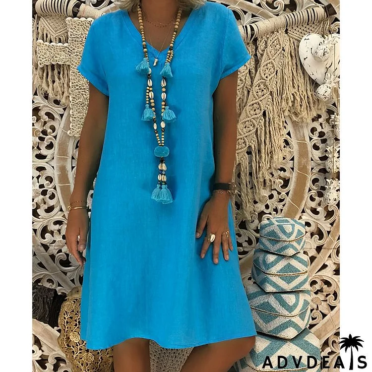 Clearance Sale Women Casual Solid Color Short Sleeve V Neck Dress