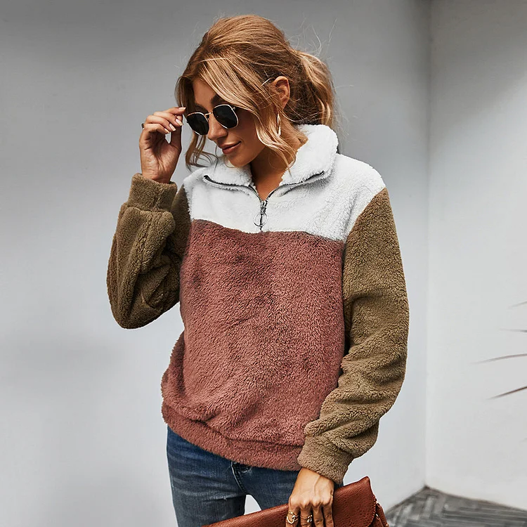 Women Sherpa Jacket Winter Lapel Color Matching Velvet Padded Thickened Sweater Women