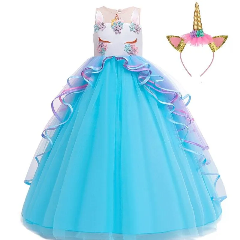 2021 Carnival Cosplay Costume Long Unicorn Dress Girl Kids Dresses For Girls Children Party Dress Birthday Dress Up 10 14 Years