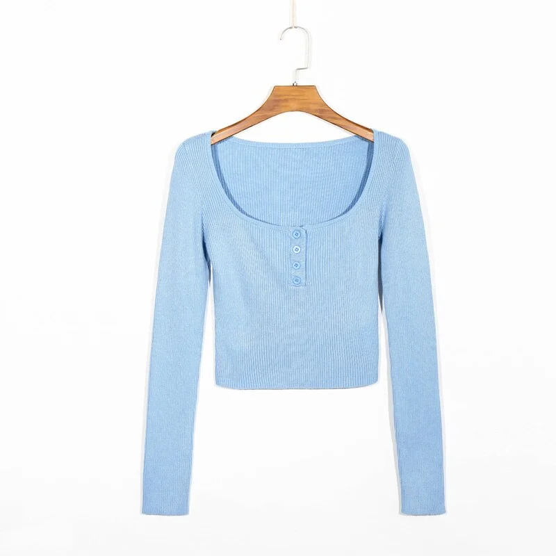 Spring and Autumn Women's Casual Pure Color Square Neck Long Sleeve Short Slim Sweater
