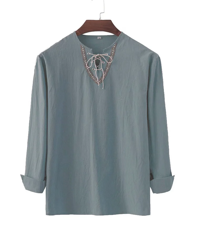 Men's Medieval Lace-Up V-Neck Viking Long Sleeve Shirt