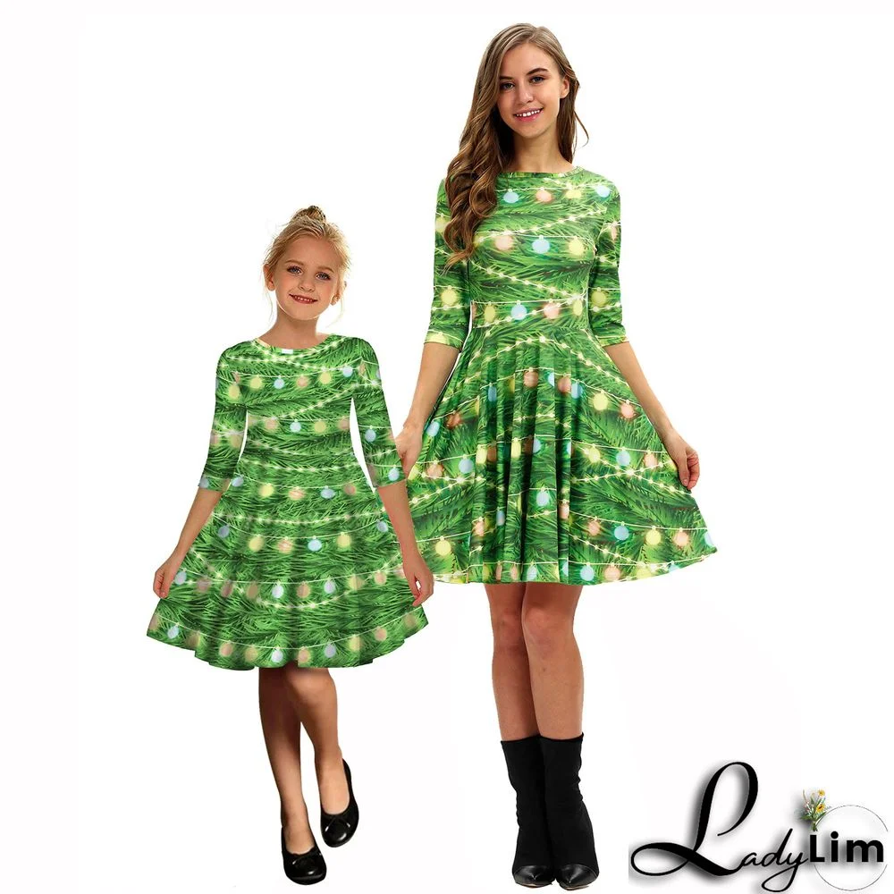 Christmas Digital Printing Women's Half-Sleeve Round Neck Mother And Me A-Line Party Dress