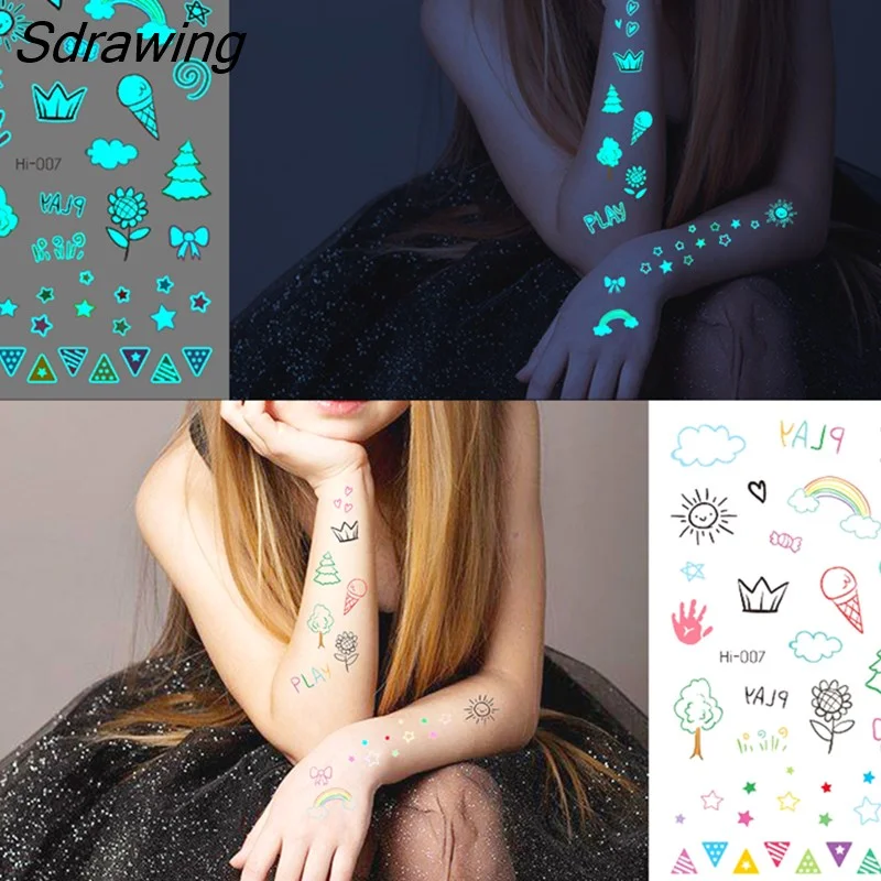 Sdrawing Glowing Butterfly Sea Waves Temporary Tattoos For Women Men Glow In The Dark Glitter Feather Fake Tattoo Sticker Luminous