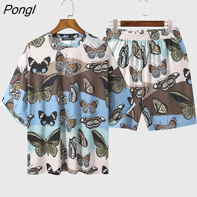 Pongl Men Sets Solid Color 2023 Summer O Neck Half Sleeve T Shirts Elastic Waist Shorts Streetwear Loose Casual Men Suits 5XL INCERUN