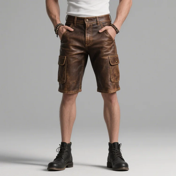 Okaywear PU Leather Mid Rise Flap Pocket Cargo Shorts 