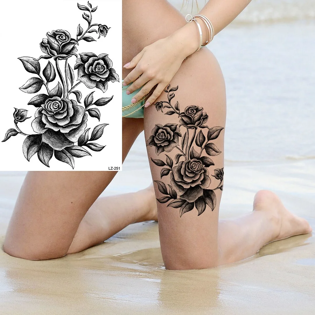 Sdrawing Rose Flower Moon Temporary Tattoos For Women Adult Pendant Peony Lotus Fake Tattoo Calf Thigh Body Art Waterproof Tatoos