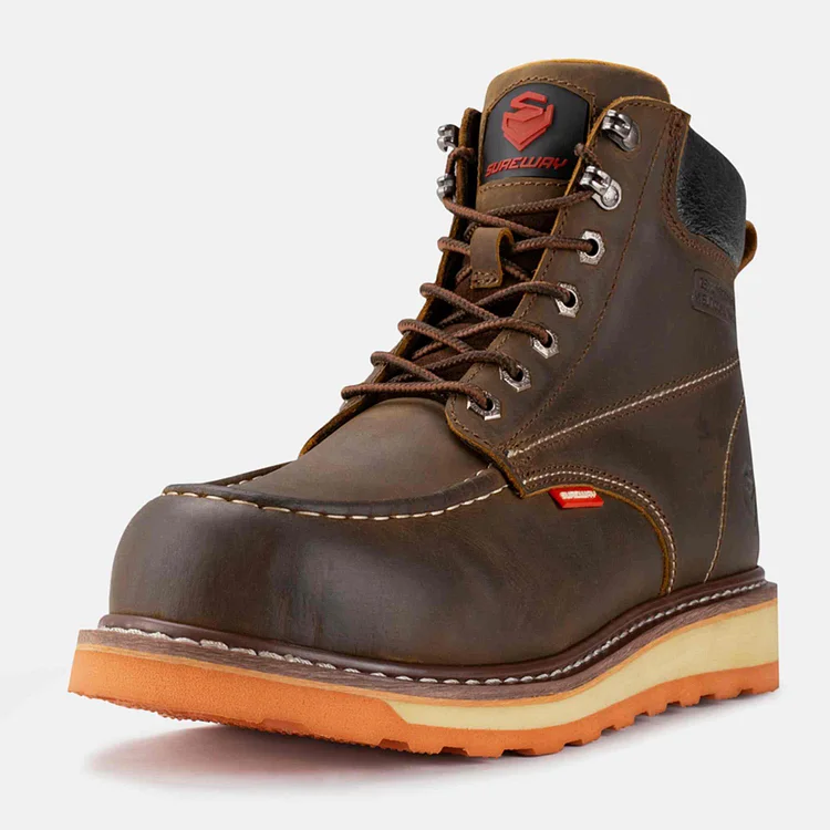 SUREWAY 6" Men's Heavy Duty Wedge Moc Toe Work Boots brown steel toe workwear