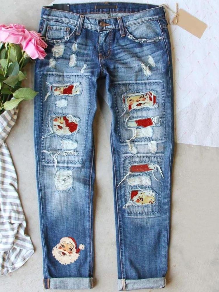 Santa Claus Print Loose Straight Jeans