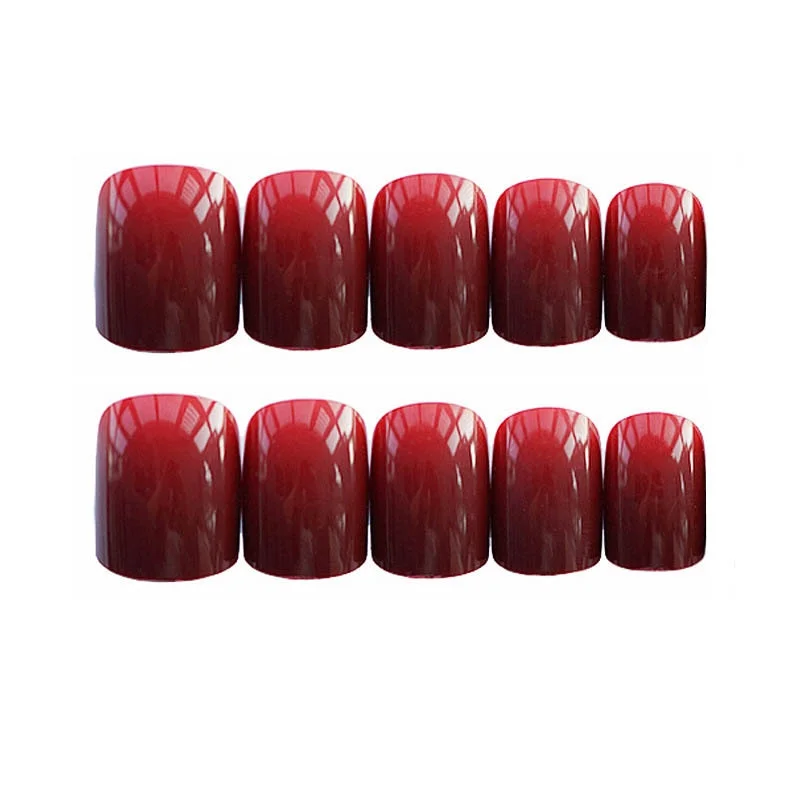 24pcs Elegent Pure Color Short Fake press on Nails Wearable Manicure Decorations Wine Red short Full cover fake nails with glue