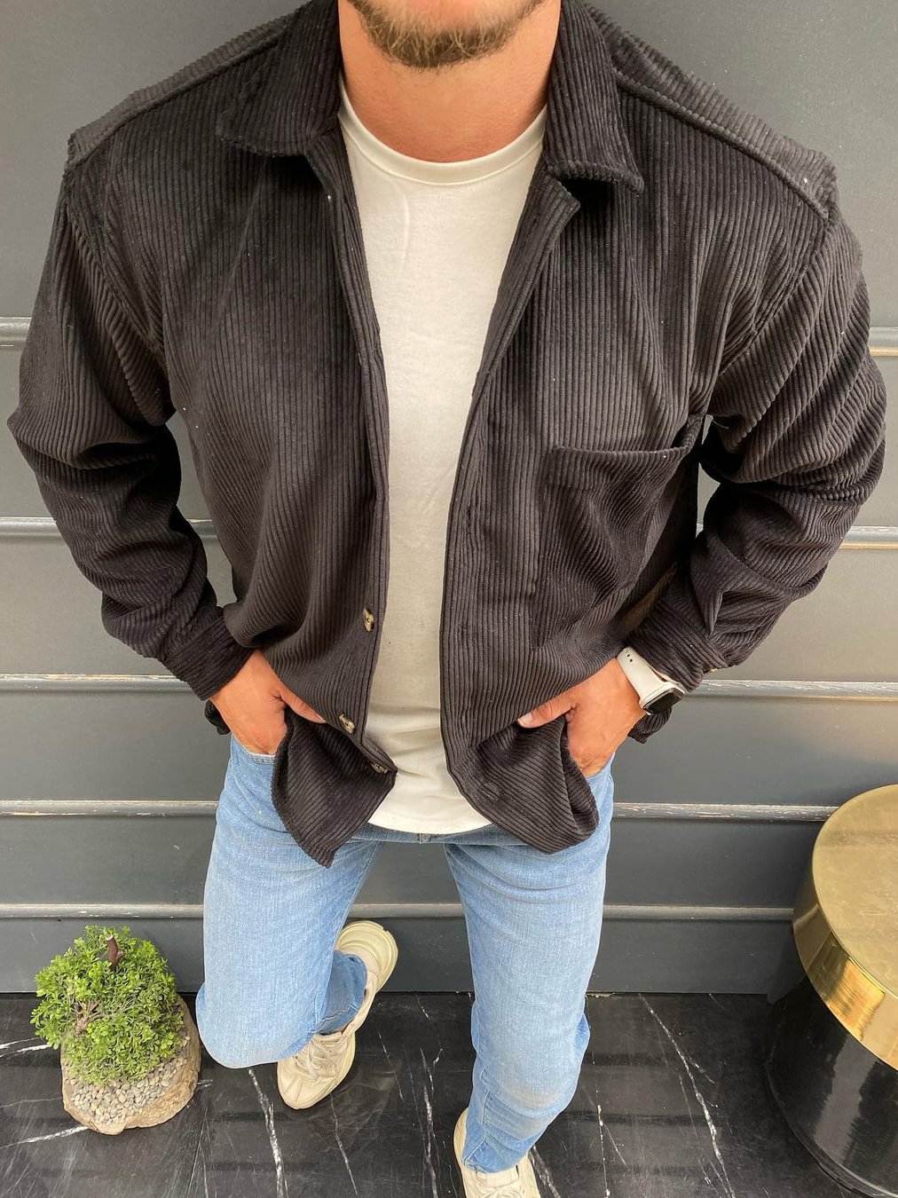 Corduroy Black Pockets Long Sleeve Jacket