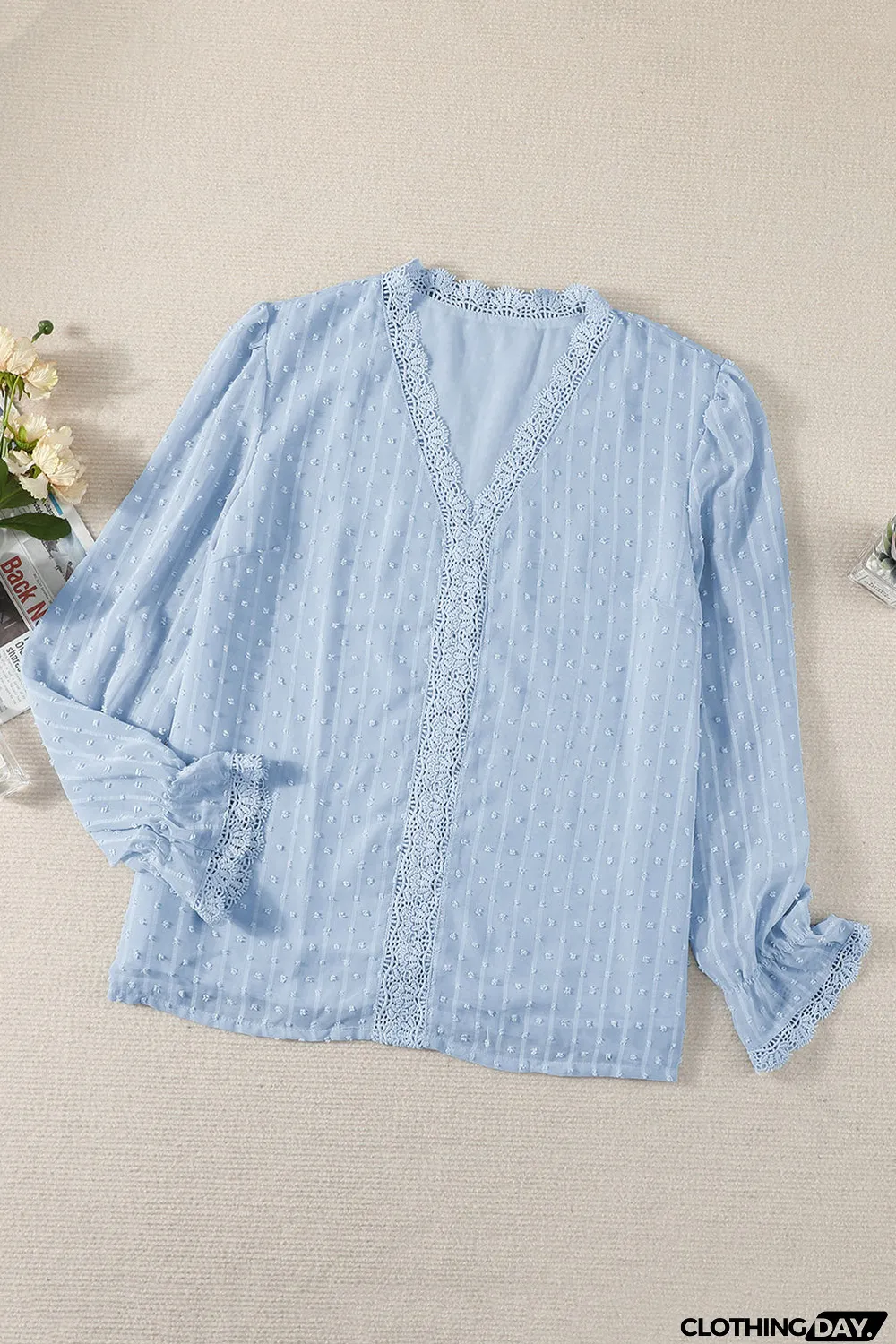 Elegant V-Neck Swiss Dot Lace Blouse