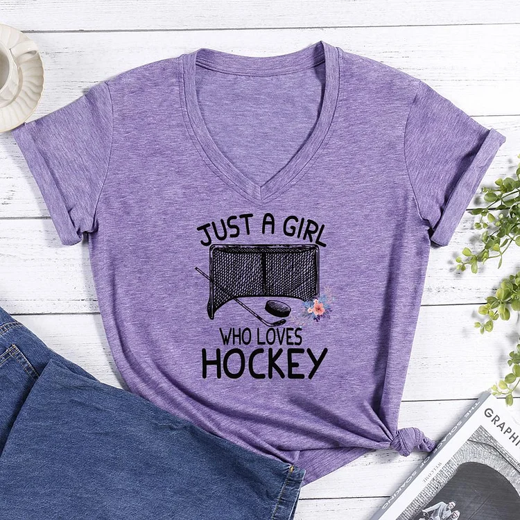 Just a Girl Who Loves Hockey Flower V-neck T Shirt-Annaletters