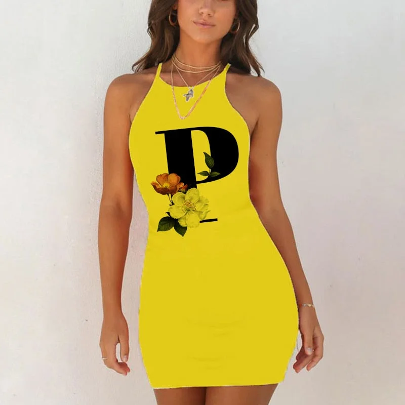 Spaghetti Camisole Mini Short Dress Women Plus Size Bodycon Dress Summer Sexy Sleeveless 26 Letter Print Party Club Dresses 2021