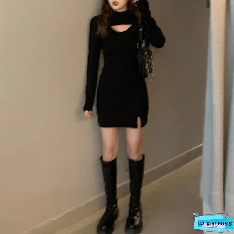 Dress Women Black Mini Long Sleeve Turtleneck Side Split Korean Style Harajuku Punk Slinky Sexy Club Slim Fitness Ladies Fashion