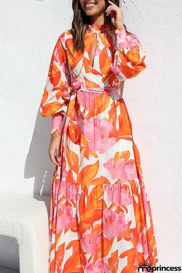 Floral Print Balloon Sleeve Pleated Lace Up Maxi Dress