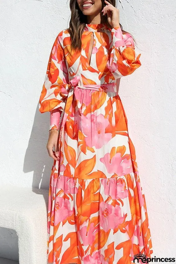 Floral Print Balloon Sleeve Pleated Lace Up Maxi Dress