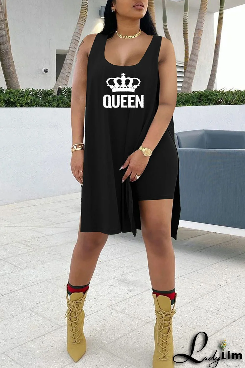 Royal Blue Casual Print Split Joint Slit U Neck Sleeveless Two Pieces