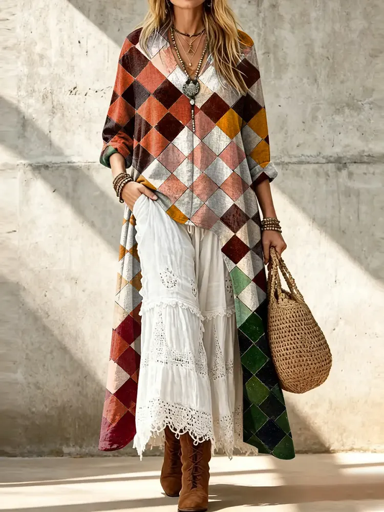 Women's Casual Retro Loose Fitting Long Back Hem Diamond Pattern Print Cotton Linen Shirt