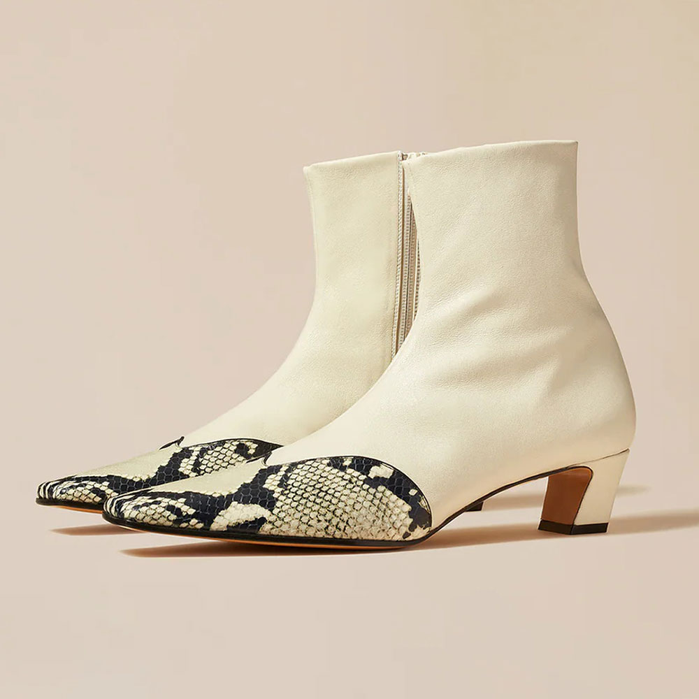 Ivory Python Embossed Square Toe Chunky Heel Ankle Boots with Zipper Nicepairs