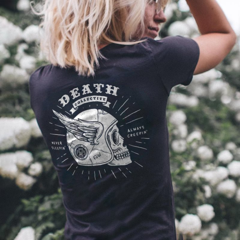 Skull death never sleepin always creepin printed designer T-shirt