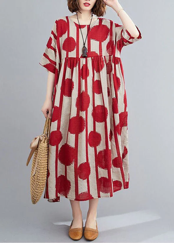 Plus Size Red Oversized Print Cotton Vacation Dress Summer