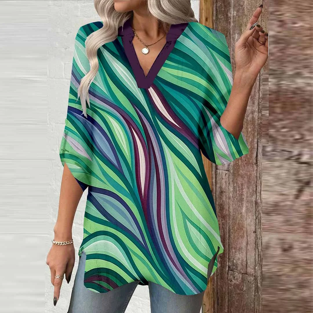 Women Geometric,Green,Pink DZGA0678 3/4 Sleeve V-neck Printed Graphic Button Tops