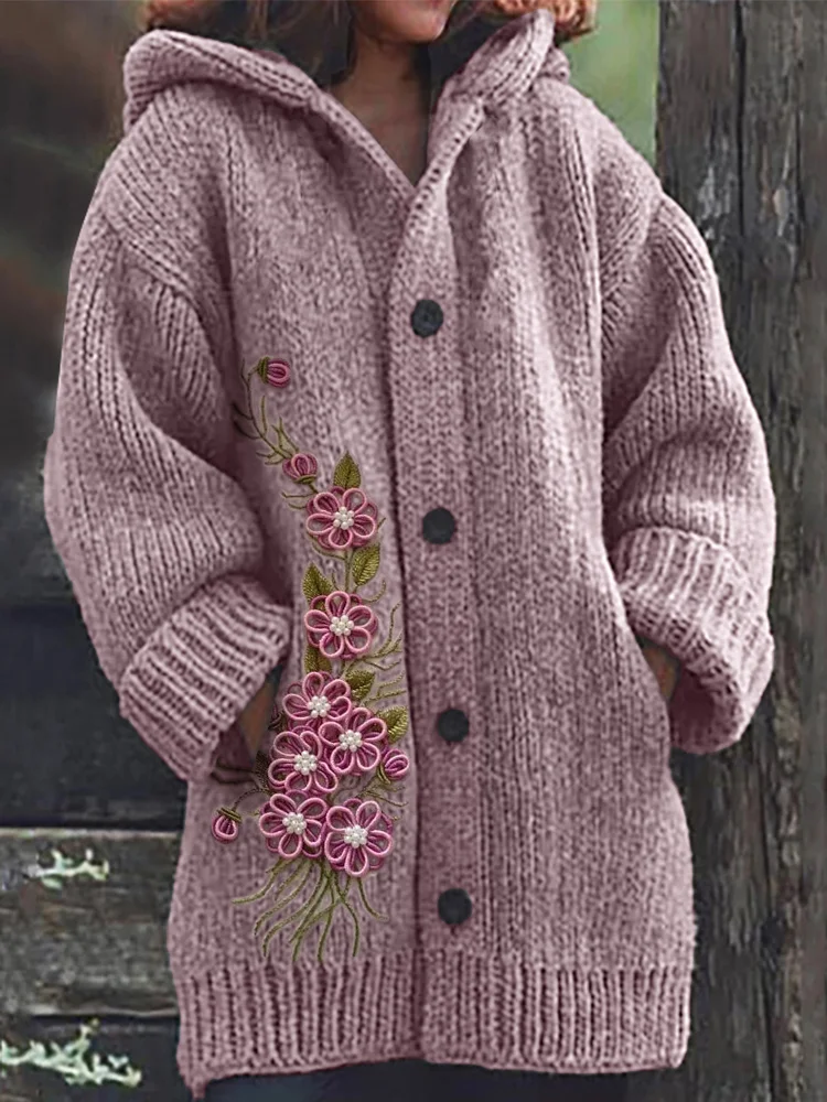Elegant Flowers Beaded Embroidery Art Cozy Hooded Cardigan