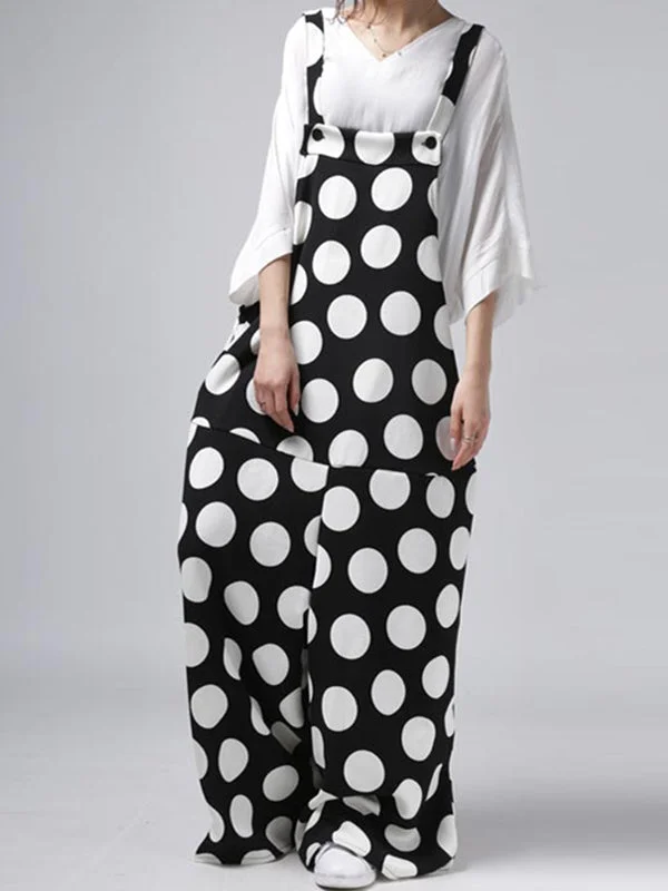 Original Casual Loose Polka-Dot Split-Joint Square-Neck Sleeveless Wide Legs Overalls