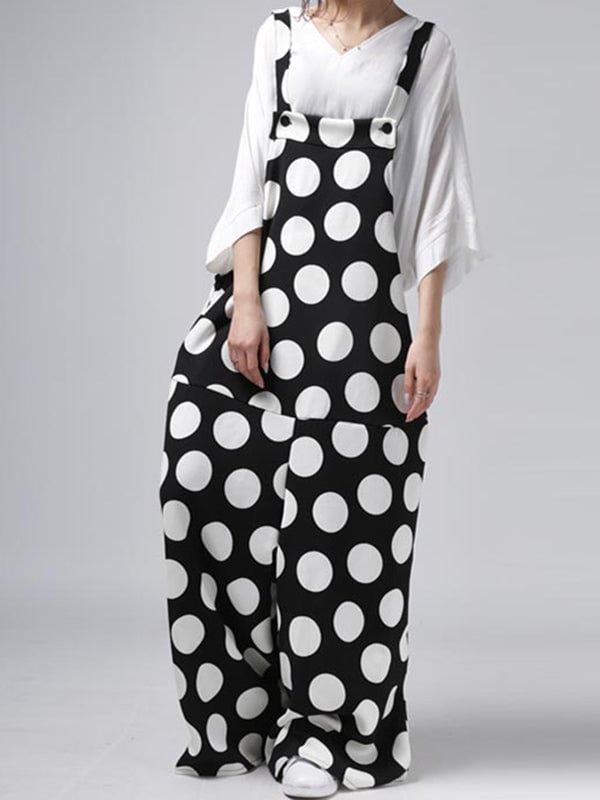 Original Casual Loose Polka-Dot Split-Joint Square-Neck Sleeveless Wide Legs Overalls