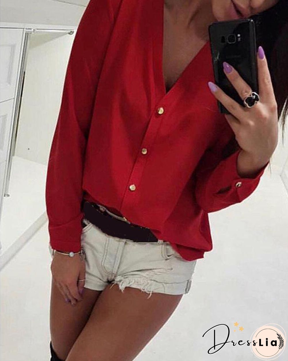 V Neck Chiffon Button Up Blouse P16120