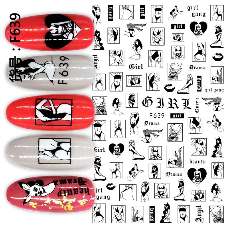 Sexy Lady Design 3D Nail Sticker English Letter Face Pattern Trasnfer Sliders DIY Nail Art Decoration For Maincuring Nail Decal-Nail Inspo