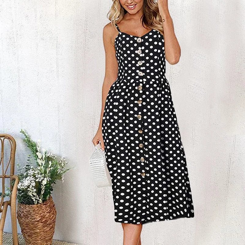 2020Women Summer Dress Backless Polka Dot Sleeveless Beach Button Casual Yellow Sundress Plus Size XXXL Dress For Women Vestidos