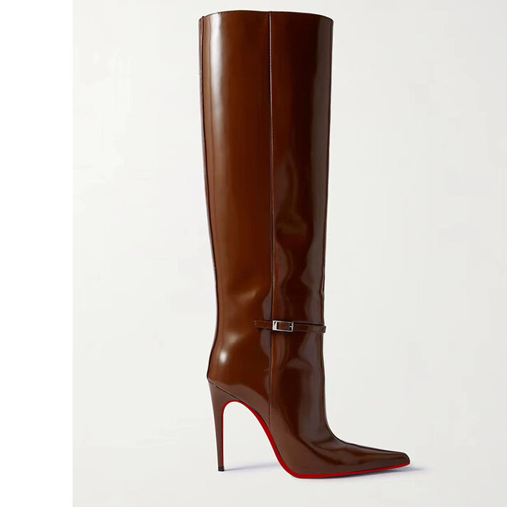 100mm Women's Pointed Toe Stiletto Heel Boots Knee High Red Bottom Boots-MERUMOTE
