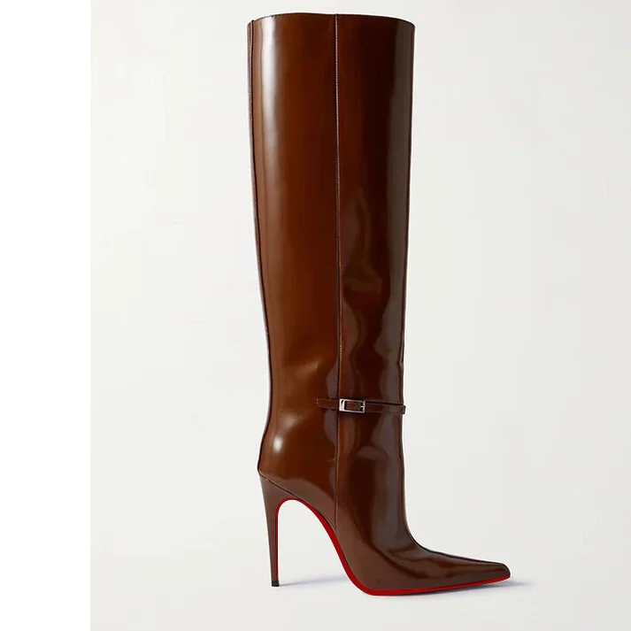 100mm Women's Pointed Toe Stiletto Heel Boots Knee High Red Bottom Boots-MERUMOTE