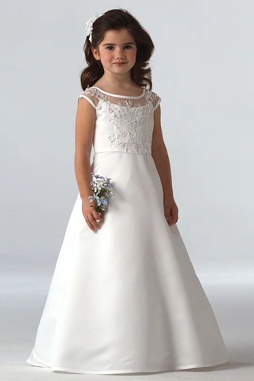 Bellasprom White Scoop Cap Sleeves Flower Girl Dress Long With Appliques