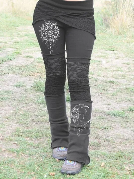Women's Vintage Lace Print Patchwork Stretch Leggings